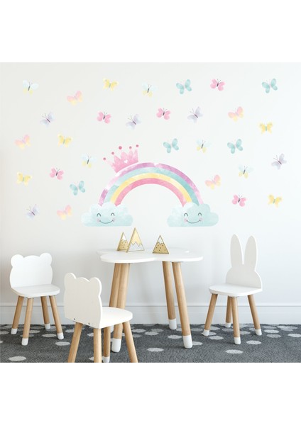 Suluboya Gökkuşağı ve Kelebekler Çocuk Odası Duvar Sticker Seti
