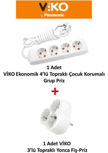 Ekonomik 4'lü Grup Priz Topraklı Çocuk Korumalı 6 Metre + Viko Yonca 3'lü Fiş-Priz