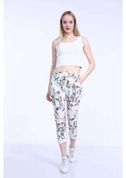 Kadın Beyaz Italyan Floral Desenli Dar Paça Skinny Pantolon