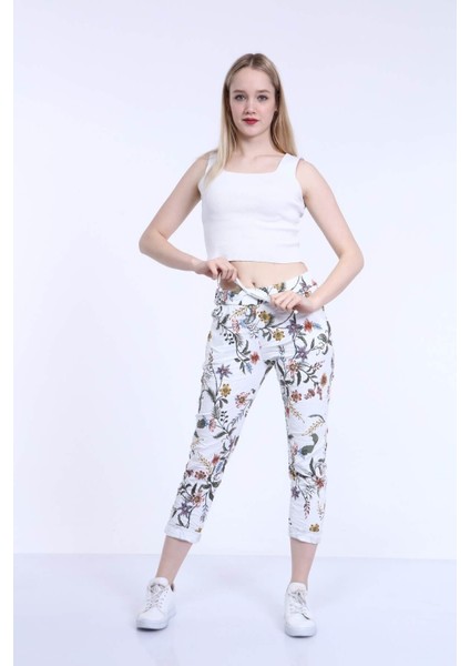 Kadın Beyaz Italyan Floral Desenli Dar Paça Skinny Pantolon