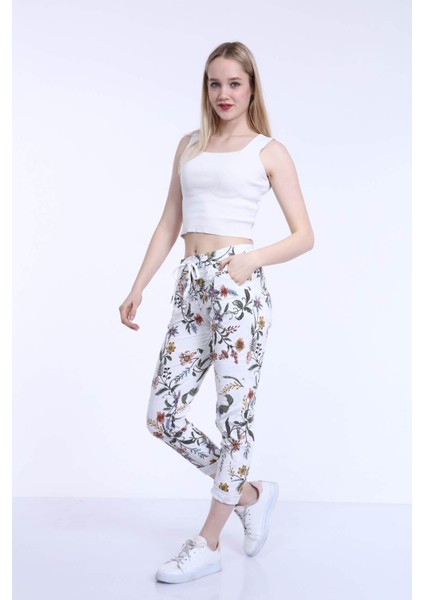 Kadın Beyaz Italyan Floral Desenli Dar Paça Skinny Pantolon