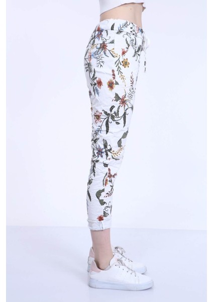 Kadın Beyaz Italyan Floral Desenli Dar Paça Skinny Pantolon