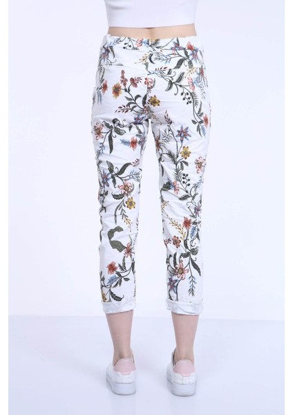 Kadın Beyaz Italyan Floral Desenli Dar Paça Skinny Pantolon