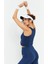 İndigo Yüksek Bel Kapri-Crop Atlet Slim Fit Kadın Tayt Takım - 95284 2