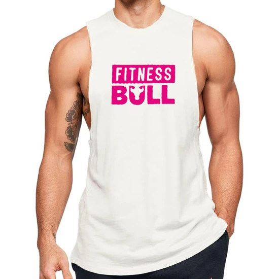 Beyaz Erkek Regular Fit -Pink Fitness Bull- Baskılı Bisiklet Yaka Kolsuz T-Shirt