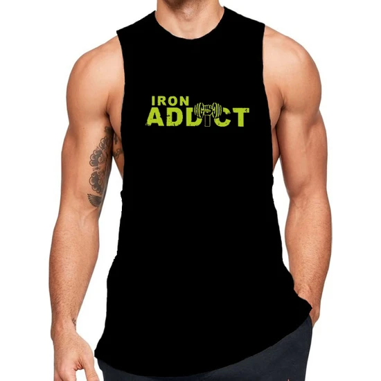 Siyah Erkek Regular Fit -Iron Addict- Baskılı Bisiklet Yaka Kolsuz T-Shirt
