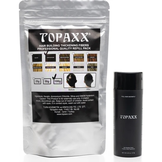 Topaxx Siyah/Black Saç Tozu 27,5 GR+100 gr Topaxx Saç Fiber Topik Tozu
