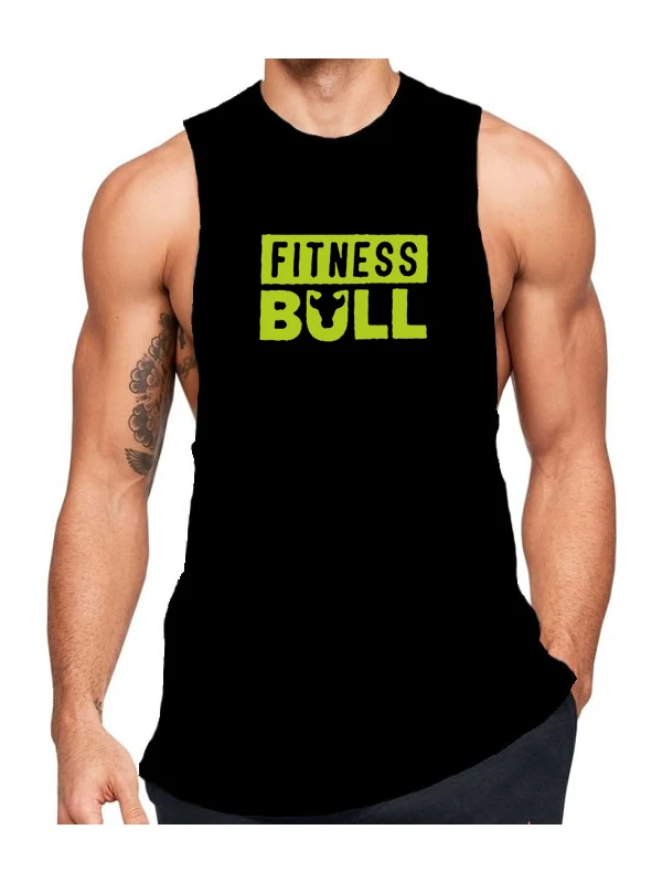 Siyah Erkek Regular Fit -Fitness Bull- Baskılı Bisiklet Yaka Kolsuz T-Shirt
