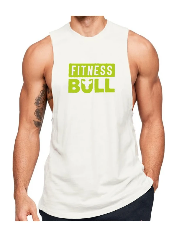 Beyaz Erkek Regular Fit -Fitness Bull- Baskılı Bisiklet Yaka Kolsuz T-Shirt
