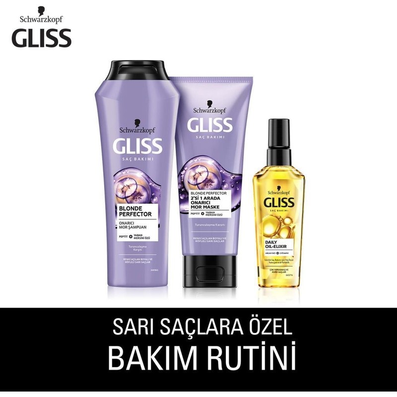 Gliss Blonde Perfector Mor Şampuan 250 Ml+Mor Maske 200 Ml+Gliss Ultimate Oil Elixir Yağ İksiri 75 Ml