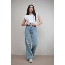 Ramrod Mavi Kar Yıkamalı Salaş Süper Yüksek Bol Paça Kot Pantolon Wide Leg Jeans