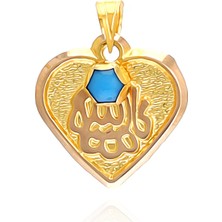 Prenses Pırlanta Kadın 14 Ayar Altın  Kalp Şekilli Maşallah'lı Mavi Taşlı Kolye Ucu