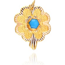 Prenses Pırlanta Kadın 14 Ayar Altın Çiçek Desenli Mavi Taşlı Kolye Ucu