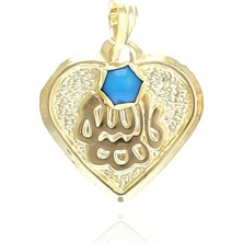 Prenses Pırlanta Kadın 14 Ayar Altın  Kalp Şekilli Maşallah'lı Mavi Taşlı Kolye Ucu