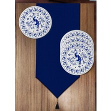 Pusula Home Lacivert Tavuskuşu Detaylı 6'lı Supla ve Runner Set