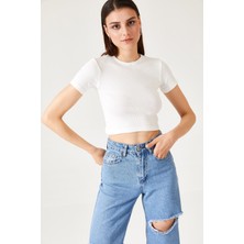 Loukai Kadın Bisiklet Yaka Kısa Kol Crop Bluz
