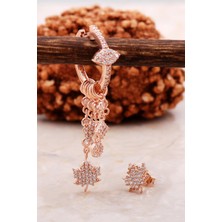 Sümer Telkari Çınar Yaprağı Rose Gümüş Kombin Şans Küpe 5476