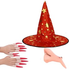 Pandoli Yetişkin Kırmızı Renk Yıldızlı Cadı Şapkası Tırnak Burun Set Model 7