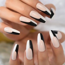Eda Luxury Beauty Pembe Siyah Beyaz French Takma Tırnak Lüks Desenli Extra Uzun Kare Ballerina Nail Art Set