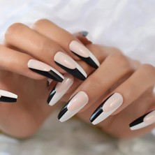 Eda Luxury Beauty Pembe Siyah Beyaz French Takma Tırnak Lüks Desenli Extra Uzun Kare Ballerina Nail Art Set