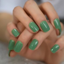 Eda Luxury Beauty Yeşil Takma Tırnak Lüks Parlak Sade Kısa Boy Kare Nail Art Yapıştırıcılı Set