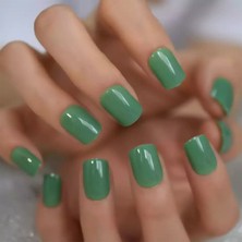 Eda Luxury Beauty Yeşil Takma Tırnak Lüks Parlak Sade Kısa Boy Kare Nail Art Yapıştırıcılı Set