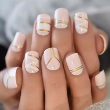 Eda Luxury Beauty Pastel Pembe Takma Tırnak Lüks Parlak Desenli Doğal Kısa Boy Kare Nail Art Yapıştırıcı Set