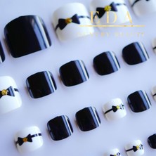 Eda Luxury Beauty Siyah Beyaz Ayak Takma Tırnak Lüks Parlak Doğal Pedikür Natürel Desenli Nail Art Yapıştırıcı Kit