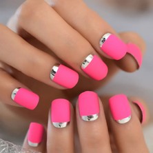 Eda Luxury Beauty Pembe Mat Metalik Gümüş French Takma Tırnak Lüks Doğal Kısa Boy Nail Art Yapıştırıcı Set