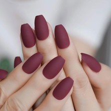 Eda Luxury Beauty Koyu Kırmızı Bordo Mat Takma Tırnak Lüks Uzun Kare Coffin Ballerina Nail Art Set