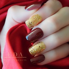 Eda Luxury Beauty Bordo Simli Altın Takma Tırnak Lüks Parlak Desenli Orta Boy Medium Kare Ballerina Nail Art Set