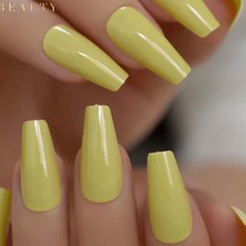 Eda Luxury Beauty Pastel Sarı Takma Tırnak Lüks Parlak Extra Uzun Kare Ballerina Nail Art Yapıştırıcılı Set