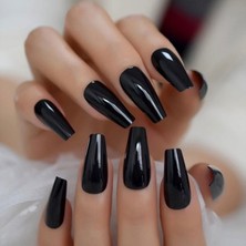 Eda Luxury Beauty Siyah Takma Tırnak Lüks Parlak Extra Uzun Kare Köşeli Ballerina Yapıştırıcılı Set