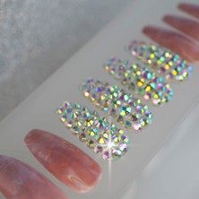 Eda Luxury Beauty Pembe Crystal Takma Tırnak Lüks Kristal Taşlı Mermer Desenli Extra Uzun Kare Ballerina Nail Art Set
