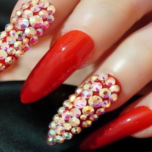 Eda Luxury Beauty Kırmızı Takma Tırnak Lüks Parlak Kristal Taşlı Desenli Extra Uzun Sivri Uçlu Stiletto Nail Art Set