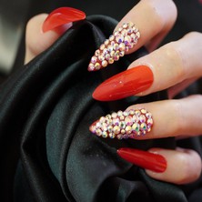 Eda Luxury Beauty Kırmızı Takma Tırnak Lüks Parlak Kristal Taşlı Desenli Extra Uzun Sivri Uçlu Stiletto Nail Art Set