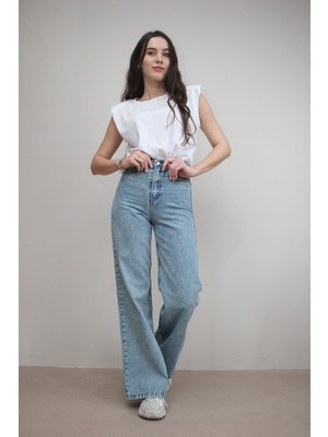 Ramrod Mavi Kar Yıkamalı Salaş Süper Yüksek Bol Paça Kot Pantolon Wide Leg Jeans