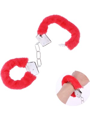 Senastore Parti Aksesuar Kırmızı Renk Peluş Tüylü Anahtarlı Metal Kelepçe