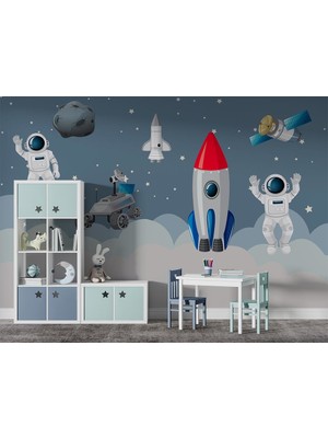 Özel Duvarlar Astronotlar ve Uzay Araçları Çocuk Odası Duvar Kağıdı Kumaş 250x170 cm