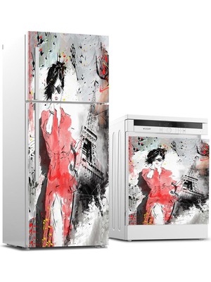 Sticker Art Buzdolabı ve Bulaşık Makinası Beyaz Eşya Sticker Kaplama Eyfel Kulesi Kadın