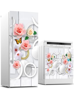 Sticker Art Buzdolabı ve Bulaşık Makinası Beyaz Eşya Sticker Kaplama Gül Kelebek Yuvarlak