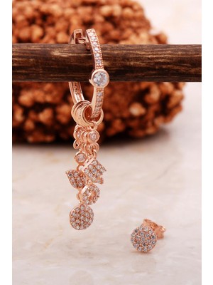 Sümer Telkari Taşlı Rose Gümüş Kombin Şans Küpe 5460
