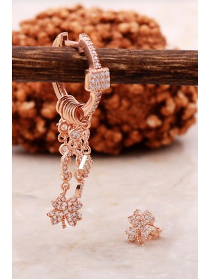 Sümer Telkari Yonca Rose Gümüş Kombin Şans Küpe 5468