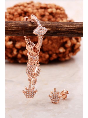 Sümer Telkari Taç Rose Gümüş Kombin Şans Küpe 5473