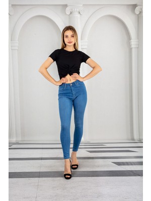 Comstarmoda Mavi Kadın Skinny Yüksek Bel Bilek Boy Dar Paça Likralı Pantolon