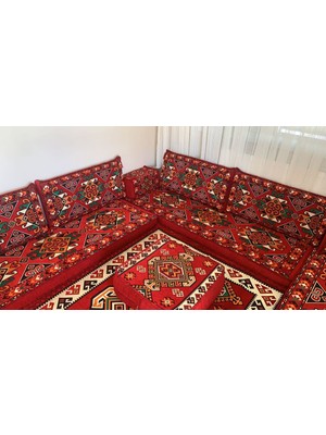 Coton Osmanlı Desenli Şark Köşesi Minderi 160 x 240 cm Kilim Orta Puf Sehpa Takımı Konsept Kırmızı 14 Parça