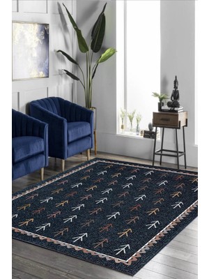 Cappio Halı Kilim Desenli Siyah Halı Makinede Yıkanabilir