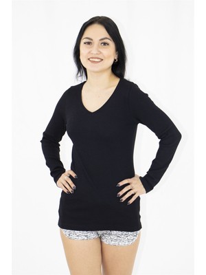 Obje Kadın Siyah Pamuklu Uzun Kollu V Yaka Body