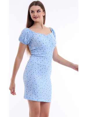 Cotton Mood 21333834 Göğüs Kupu Lastikli Kısa Kol Elbise Mavı Çıçeklı