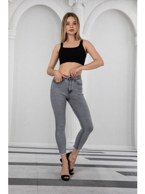 Comstarmoda Füme Kadın Skinny Yüksek Bel Bilek Boy Dar Paça Likralı Pantolon
